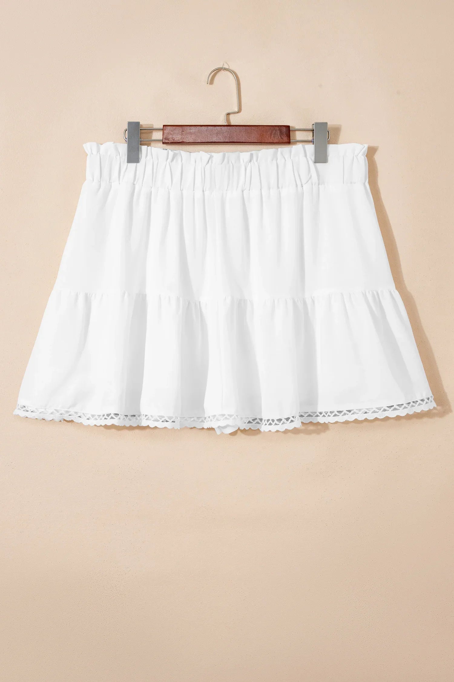 White Plus Size Frilled Elastic Waist Lace Trim Boho Ruffled Shorts - MarkoFit
