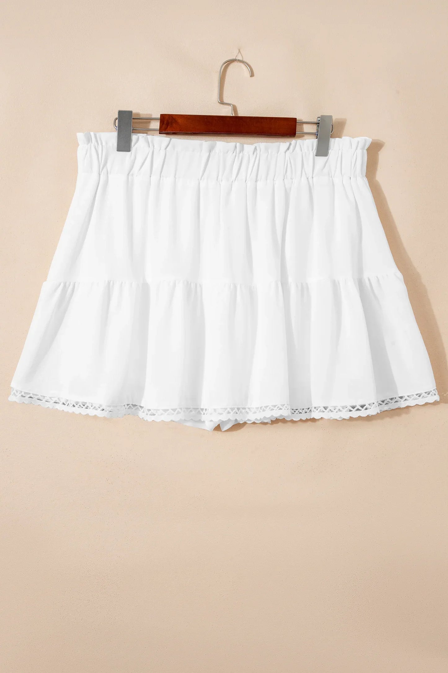 White Plus Size Frilled Elastic Waist Lace Trim Boho Ruffled Shorts - MarkoFit