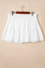 White Plus Size Frilled Elastic Waist Lace Trim Boho Ruffled Shorts - MarkoFit