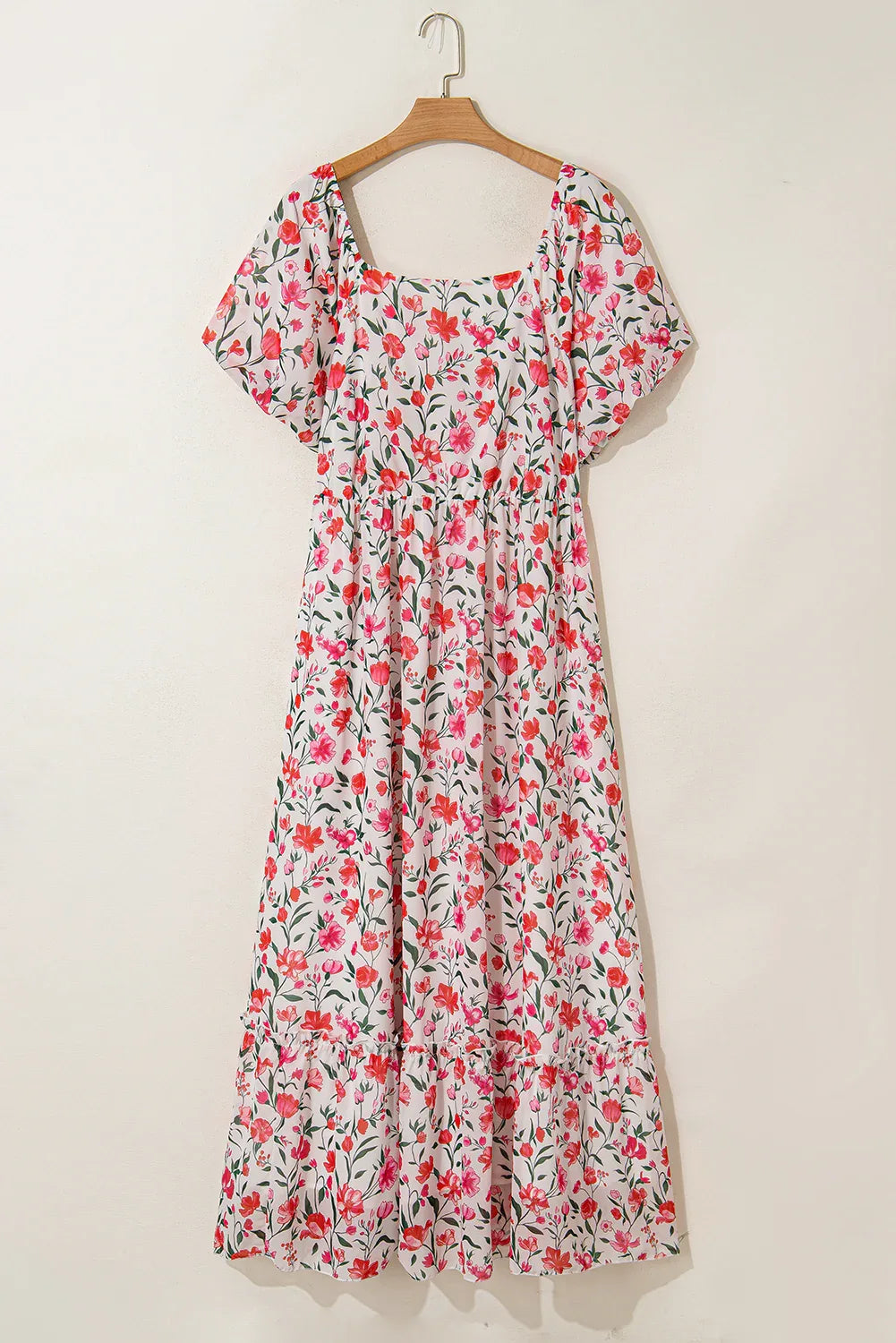 Pink Plus Size Floral Square Neck Puff Sleeve Ruffle Maxi Dress - MarkoFit