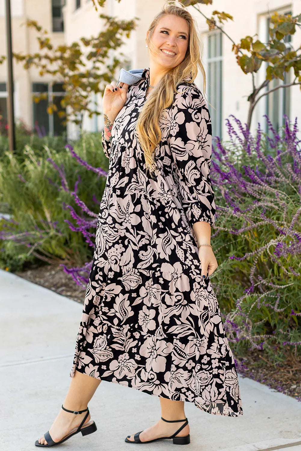 Black Plus Size Floral Printed Puff Sleeve Collared Maxi Dress - MarkoFit