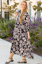 Black Plus Size Floral Printed Puff Sleeve Collared Maxi Dress - MarkoFit