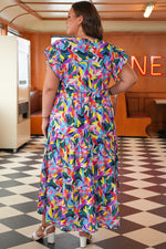 Blue Geometric Print Ruffled Short Sleeve Plus Size Tiered Maxi Dress - MarkoFit
