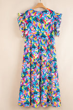 Blue Geometric Print Ruffled Short Sleeve Plus Size Tiered Maxi Dress - MarkoFit