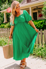 Bright Green Ruched Front Puff Sleeve Plus Size Long Dress - MarkoFit