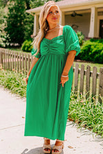 Bright Green Ruched Front Puff Sleeve Plus Size Long Dress - MarkoFit