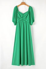 Bright Green Ruched Front Puff Sleeve Plus Size Long Dress - MarkoFit