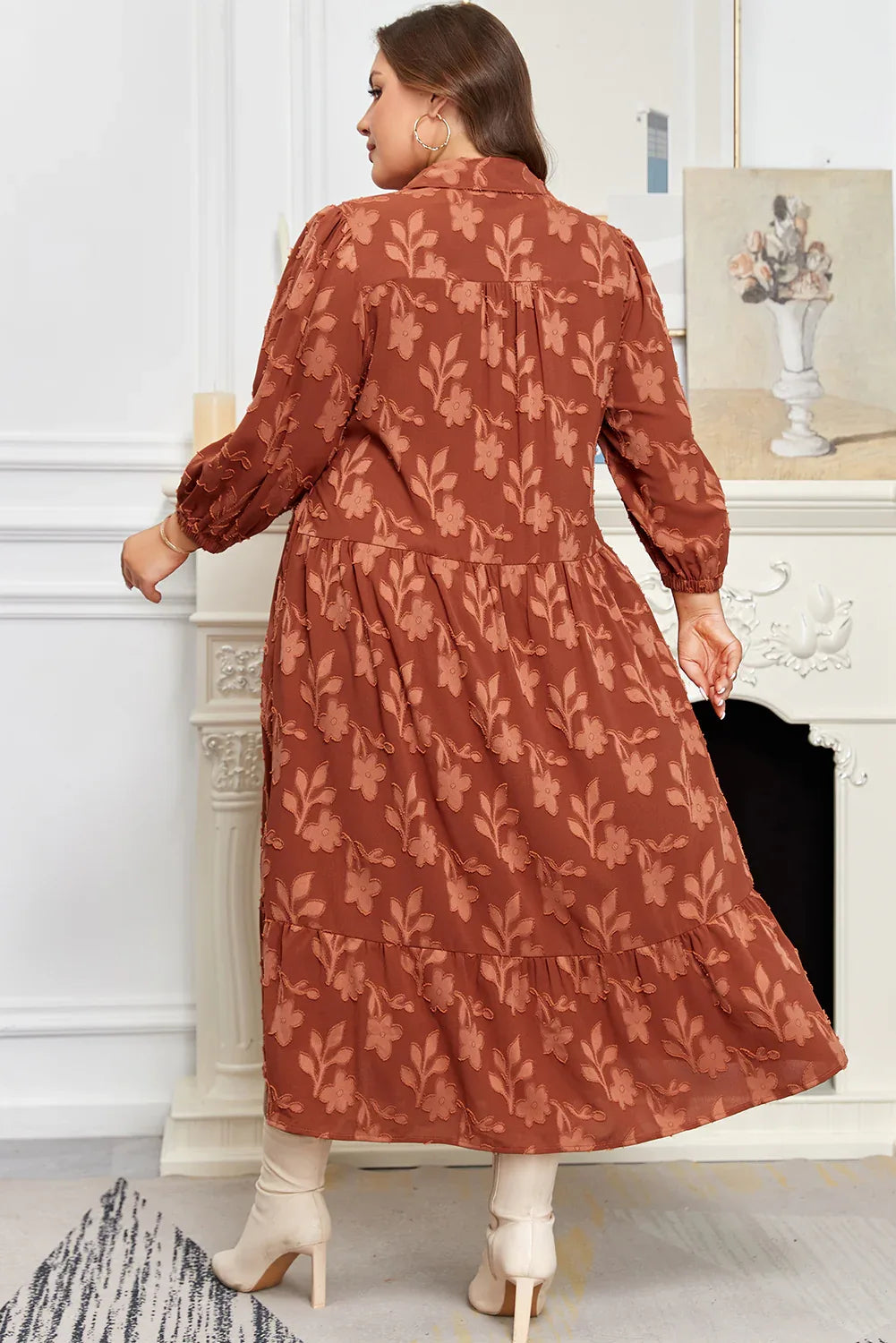 Cinnamon Plus Size Textured 3D Flower Pattern Ruffle Hem 3/4 Sleeve Long Dress - MarkoFit