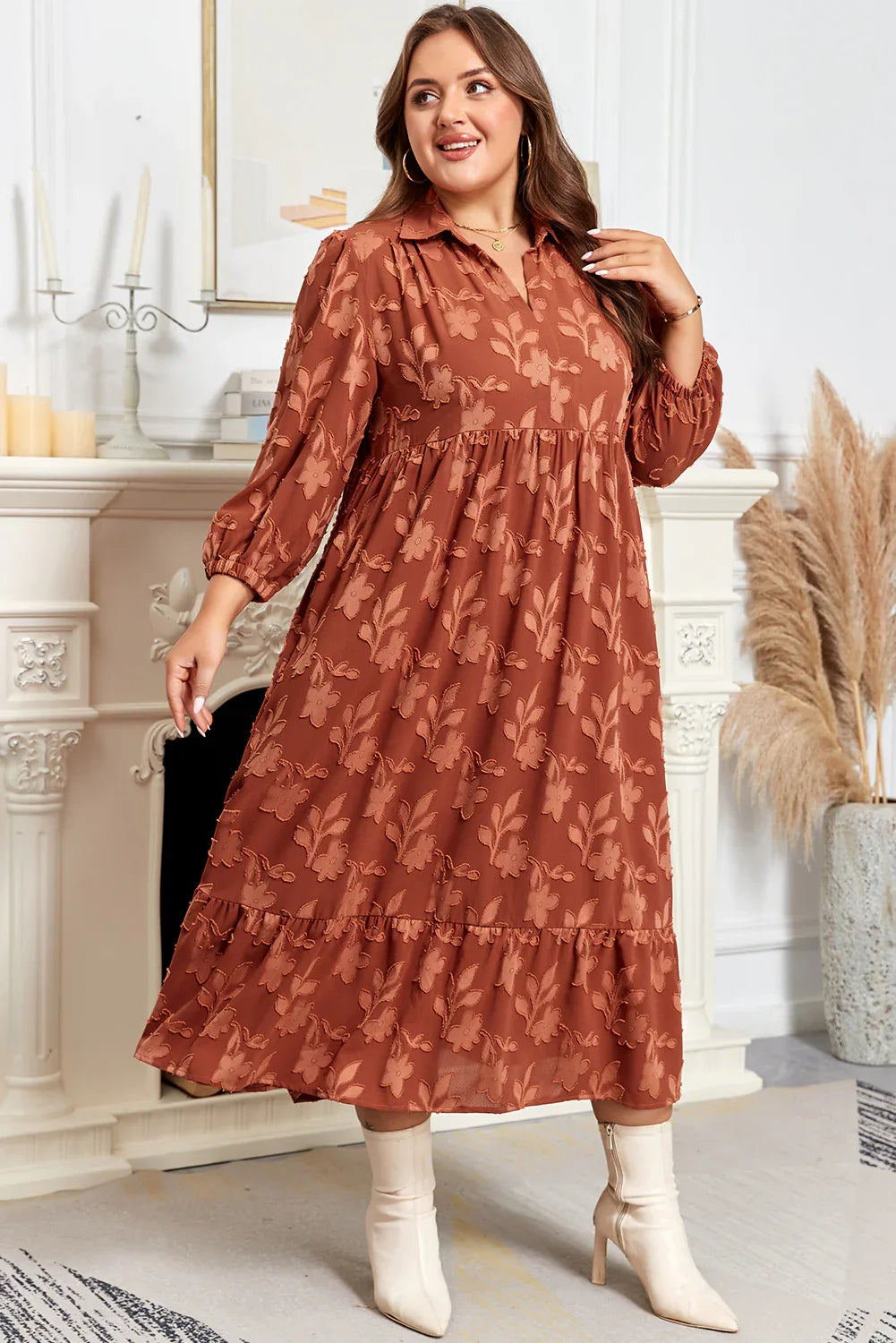 Cinnamon Plus Size Textured 3D Flower Pattern Ruffle Hem 3/4 Sleeve Long Dress - MarkoFit