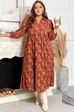 Cinnamon Plus Size Textured 3D Flower Pattern Ruffle Hem 3/4 Sleeve Long Dress - MarkoFit