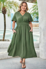 Four Leaf Clover Surplice Neckline Shirred High Waist Plus Size Maxi Dress - MarkoFit