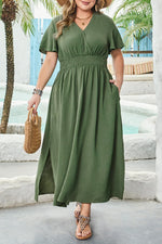 Four Leaf Clover Surplice Neckline Shirred High Waist Plus Size Maxi Dress - MarkoFit