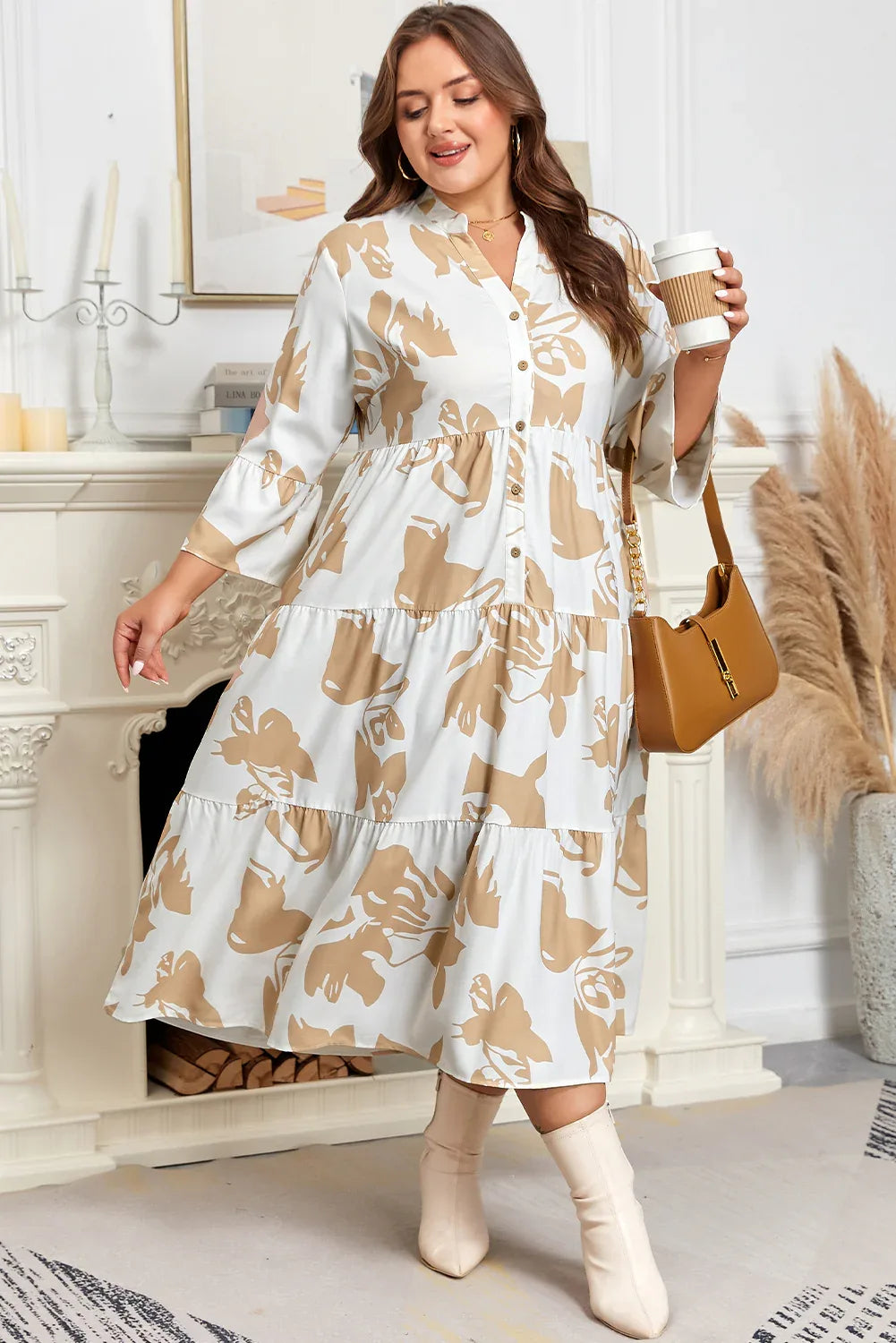 Khaki Patterned Ruffled Sleeve Half Placket Tiered A-line Plus Size Long Dress - MarkoFit