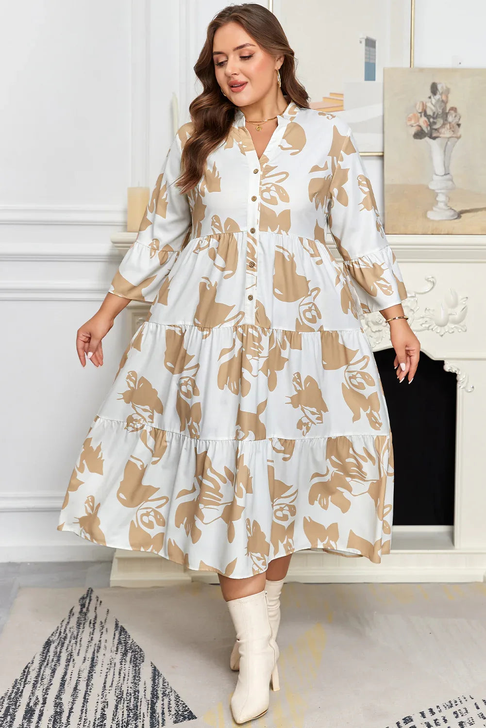 Khaki Patterned Ruffled Sleeve Half Placket Tiered A-line Plus Size Long Dress - MarkoFit