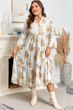 Khaki Patterned Ruffled Sleeve Half Placket Tiered A-line Plus Size Long Dress - MarkoFit