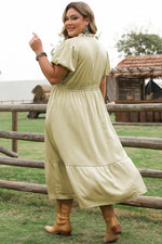 Laurel Green Notched V Neck Puff Sleeve Tiered Plus Size Maxi Dress - MarkoFit