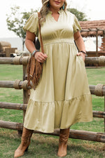 Laurel Green Notched V Neck Puff Sleeve Tiered Plus Size Maxi Dress - MarkoFit