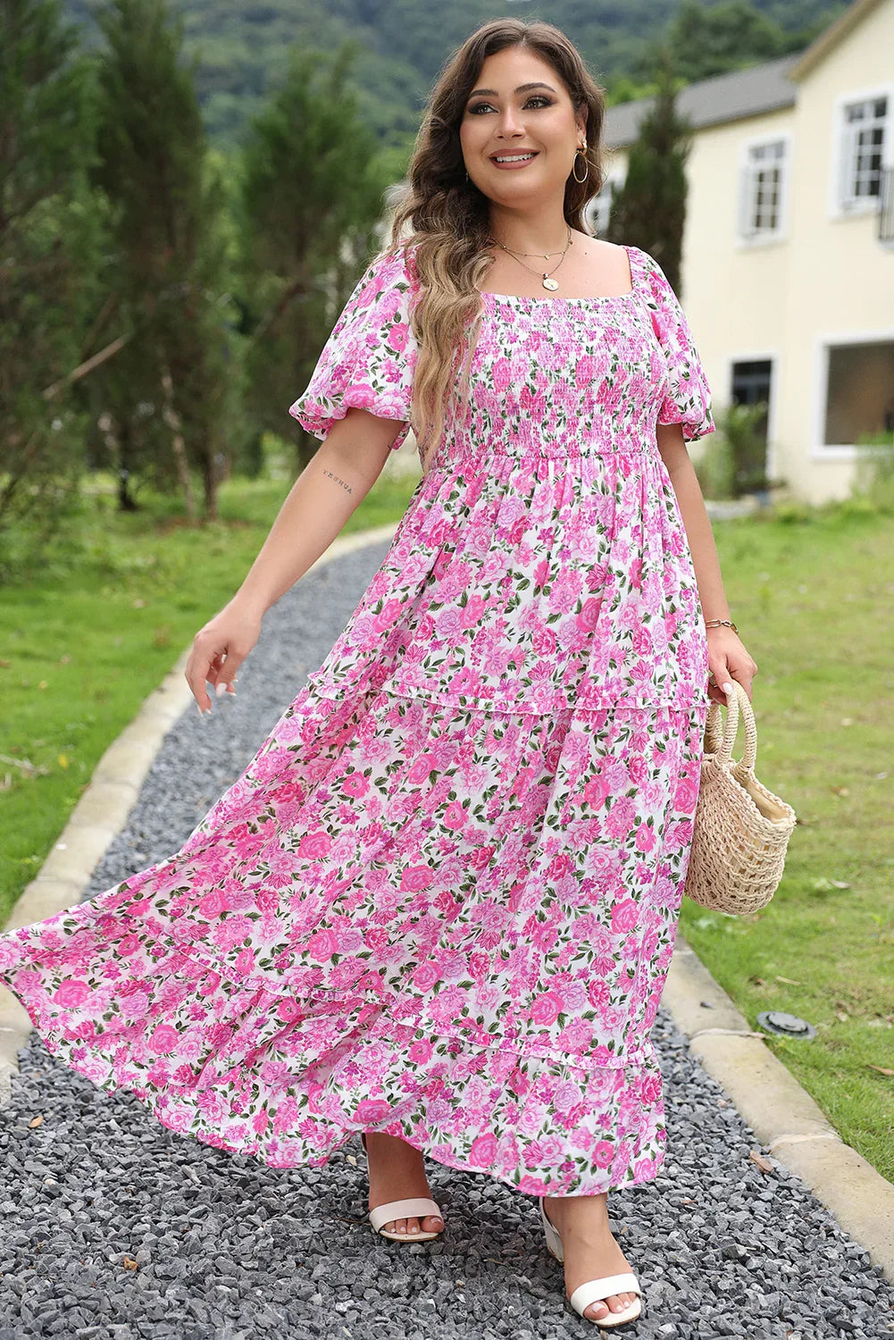 Pink Plus Size Floral Print Smocked Puff Sleeve Dress - MarkoFit