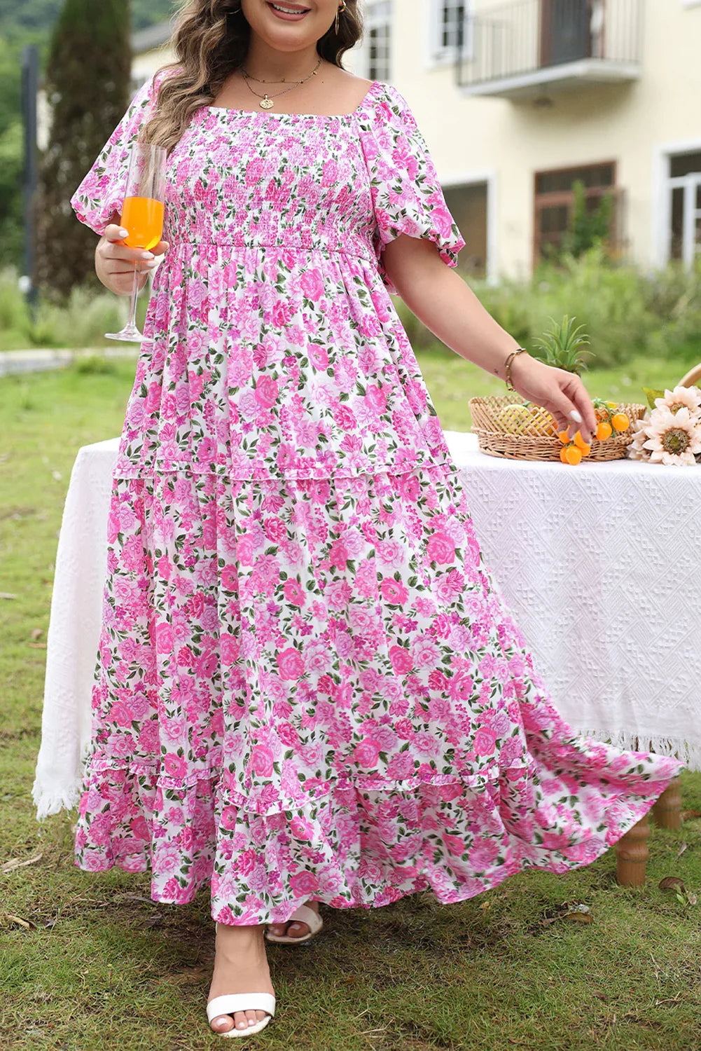 Pink Plus Size Floral Print Smocked Puff Sleeve Dress - MarkoFit