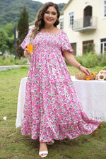 Pink Plus Size Floral Print Smocked Puff Sleeve Dress - MarkoFit