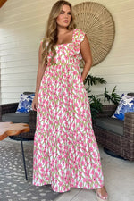 Pink Plus Size Ruffle Trim Square Neck High Waist Floral Maxi Dress - MarkoFit