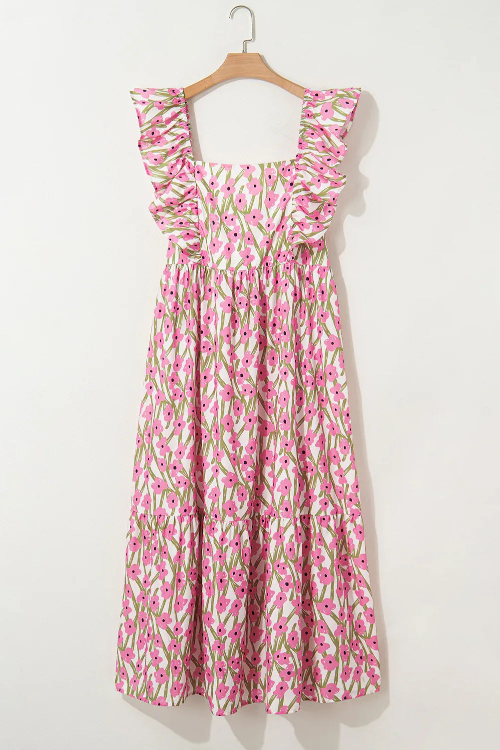 Pink Plus Size Ruffle Trim Square Neck High Waist Floral Maxi Dress - MarkoFit