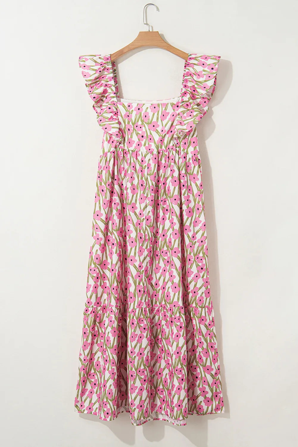 Pink Plus Size Ruffle Trim Square Neck High Waist Floral Maxi Dress - MarkoFit