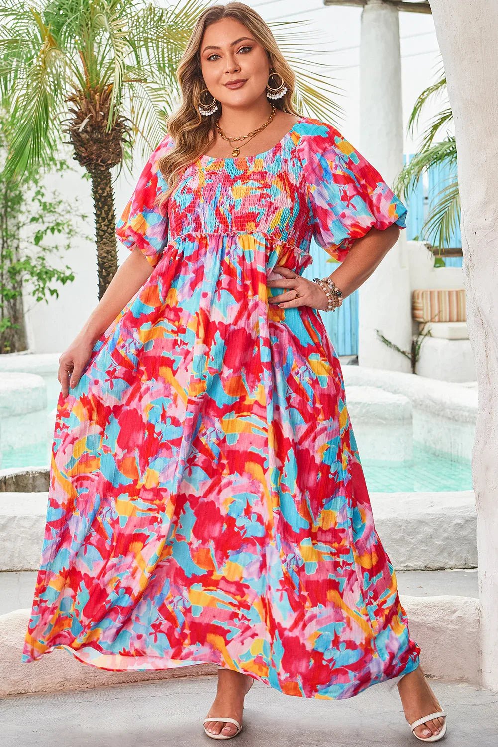 Rose Abstract Printed Puff Sleeve Square Neck Smocked Bust Tied Back Plus Size Dress - MarkoFit
