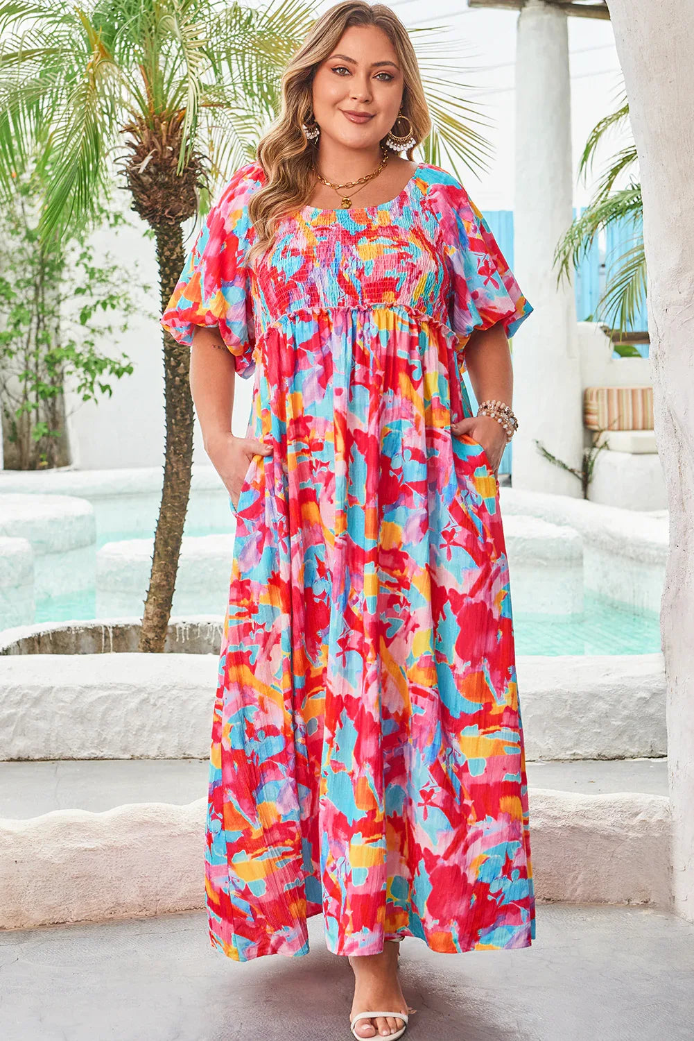 Rose Abstract Printed Puff Sleeve Square Neck Smocked Bust Tied Back Plus Size Dress - MarkoFit