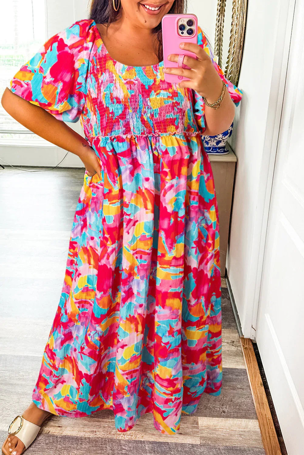 Rose Abstract Printed Puff Sleeve Square Neck Smocked Bust Tied Back Plus Size Dress - MarkoFit