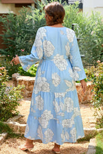 Sky Blue Floral Bracelet Sleeve V Neck Plus Size Tiered Maxi Dress - MarkoFit