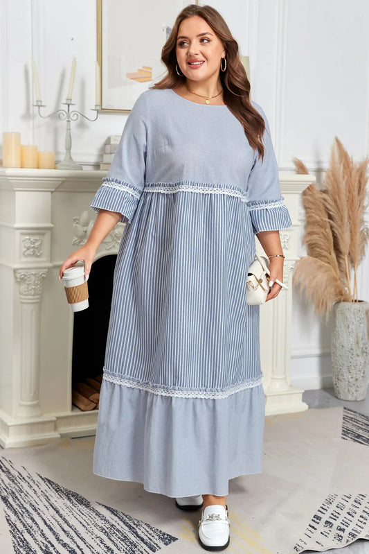 Sky Blue Stripe Crisscross Lace Detail Mixed Striped Patchwork Plus Size Shift Long Dress - MarkoFit
