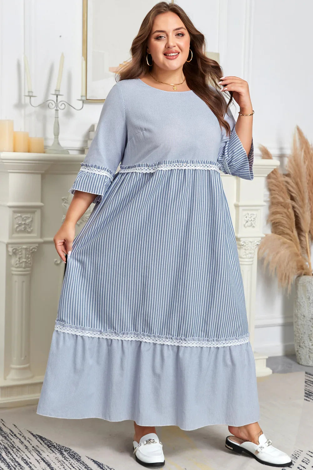 Sky Blue Stripe Crisscross Lace Detail Mixed Striped Patchwork Plus Size Shift Long Dress - MarkoFit