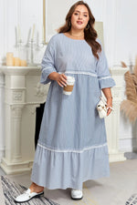 Sky Blue Stripe Crisscross Lace Detail Mixed Striped Patchwork Plus Size Shift Long Dress - MarkoFit