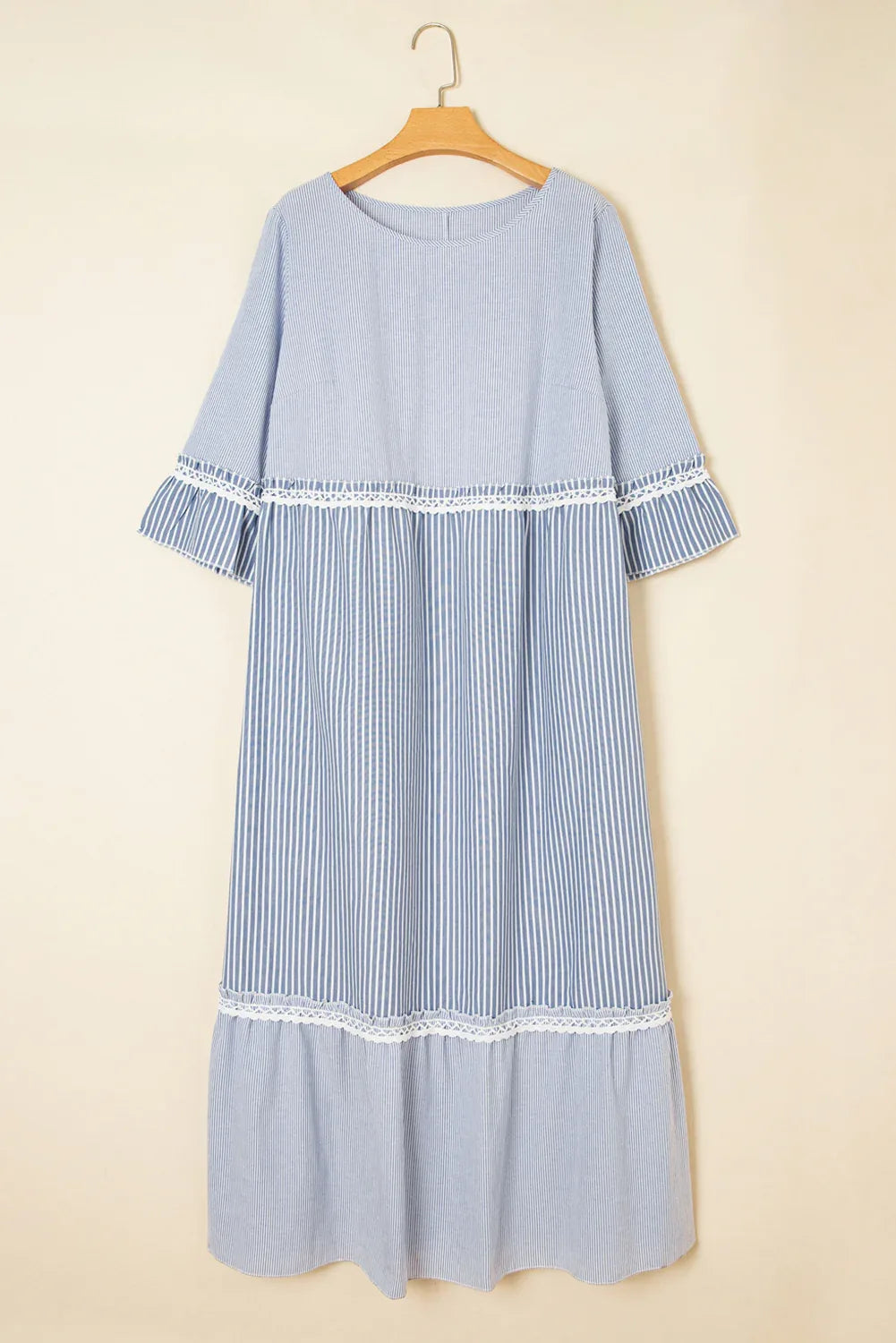 Sky Blue Stripe Crisscross Lace Detail Mixed Striped Patchwork Plus Size Shift Long Dress - MarkoFit