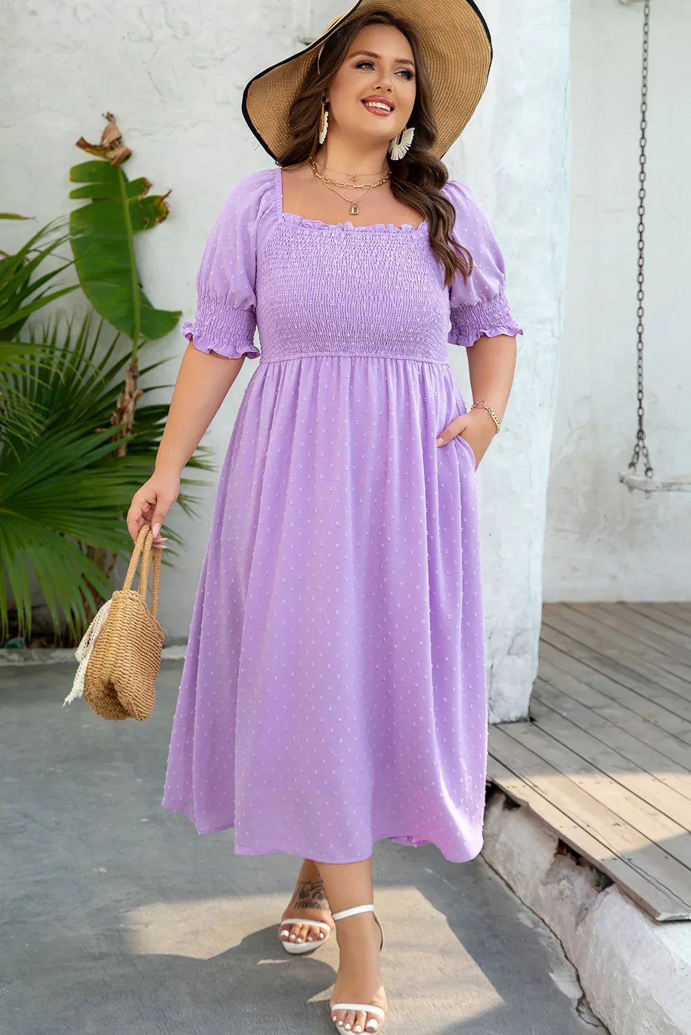 Wisteria Swiss Dot Smocked Frilled Neckline Short Sleeve Plus Size Dress - MarkoFit