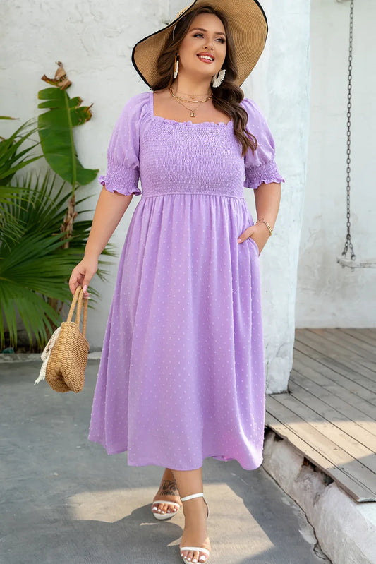 Wisteria Swiss Dot Smocked Frilled Neckline Short Sleeve Plus Size Dress - MarkoFit