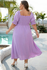 Wisteria Swiss Dot Smocked Frilled Neckline Short Sleeve Plus Size Dress - MarkoFit