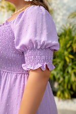 Wisteria Swiss Dot Smocked Frilled Neckline Short Sleeve Plus Size Dress - MarkoFit