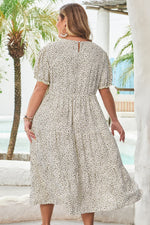 Beige Plus Size Leopard Print Frill Trim Short Sleeve Flared Dress - MarkoFit