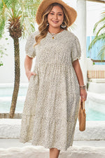 Beige Plus Size Leopard Print Frill Trim Short Sleeve Flared Dress - MarkoFit