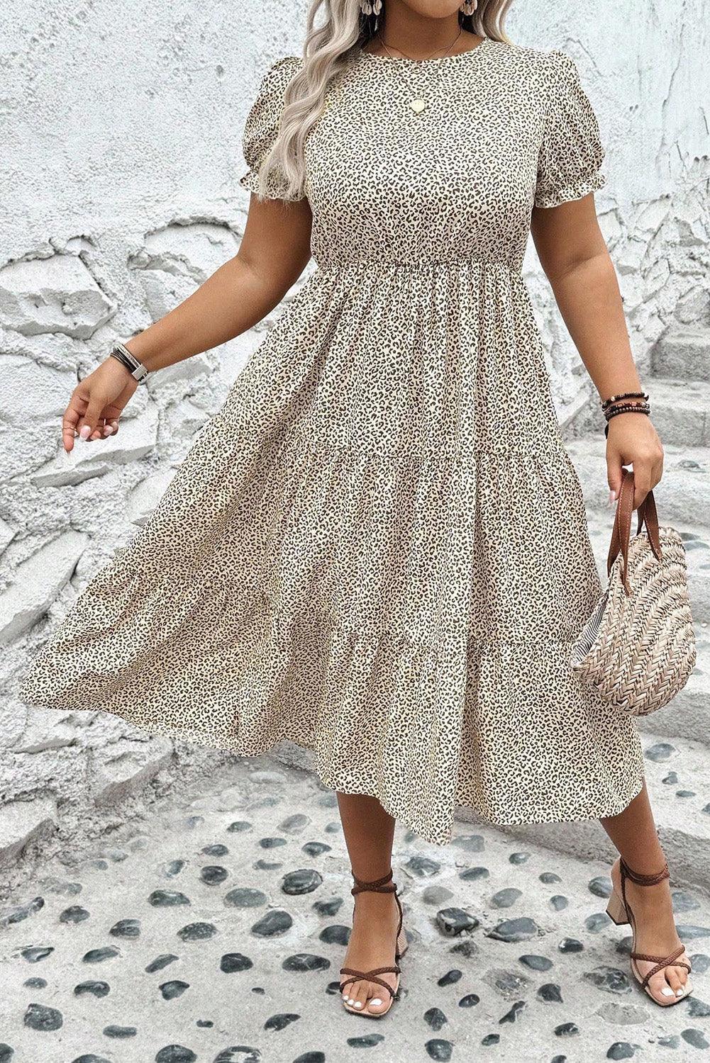 Beige Plus Size Leopard Print Frill Trim Short Sleeve Flared Dress - MarkoFit