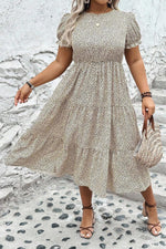 Beige Plus Size Leopard Print Frill Trim Short Sleeve Flared Dress - MarkoFit