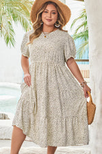 Beige Plus Size Leopard Print Frill Trim Short Sleeve Flared Dress - MarkoFit