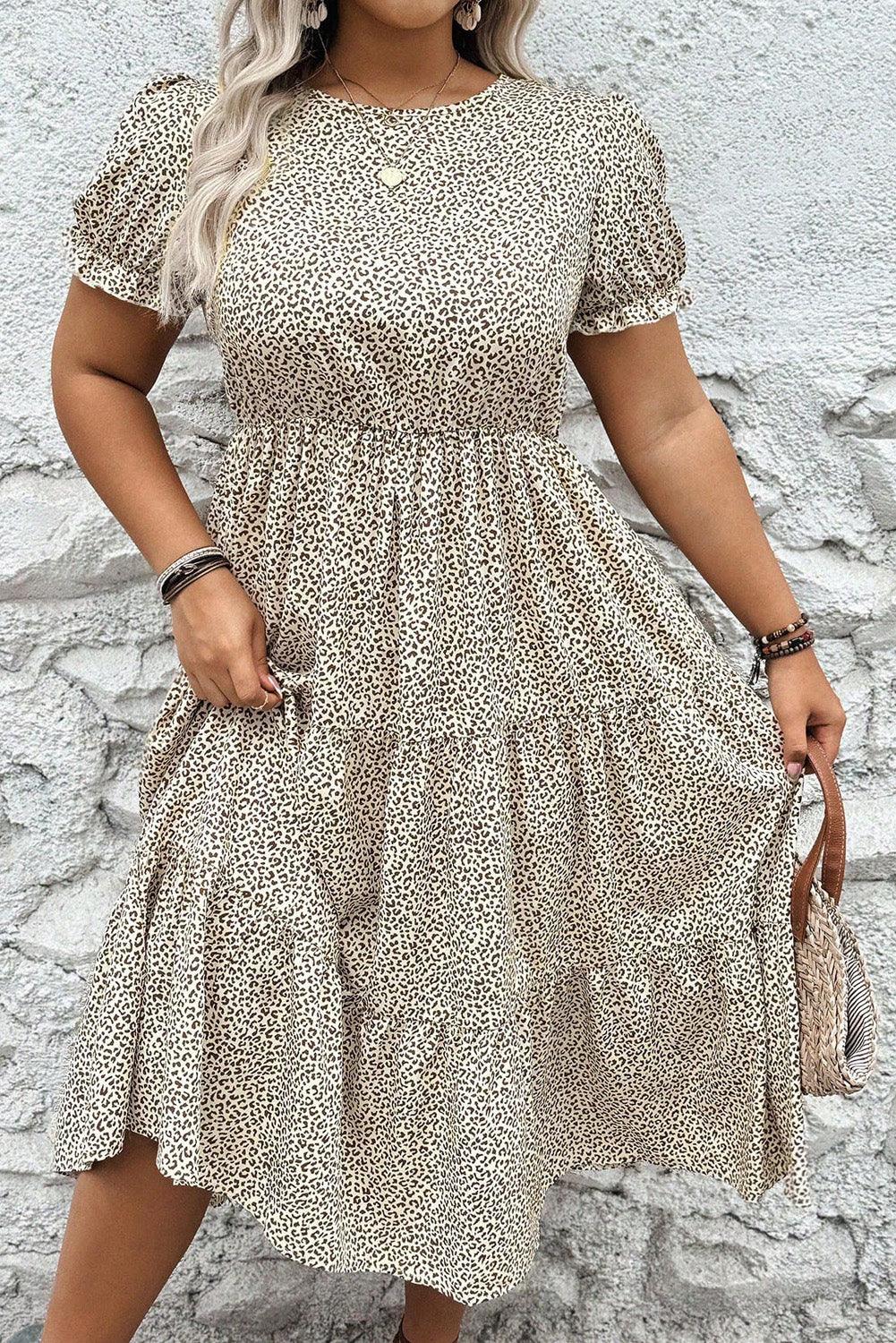 Beige Plus Size Leopard Print Frill Trim Short Sleeve Flared Dress - MarkoFit