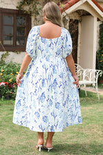 Sky Blue Floral Print Sweetheart Neck Plus Size Midi Dress - MarkoFit
