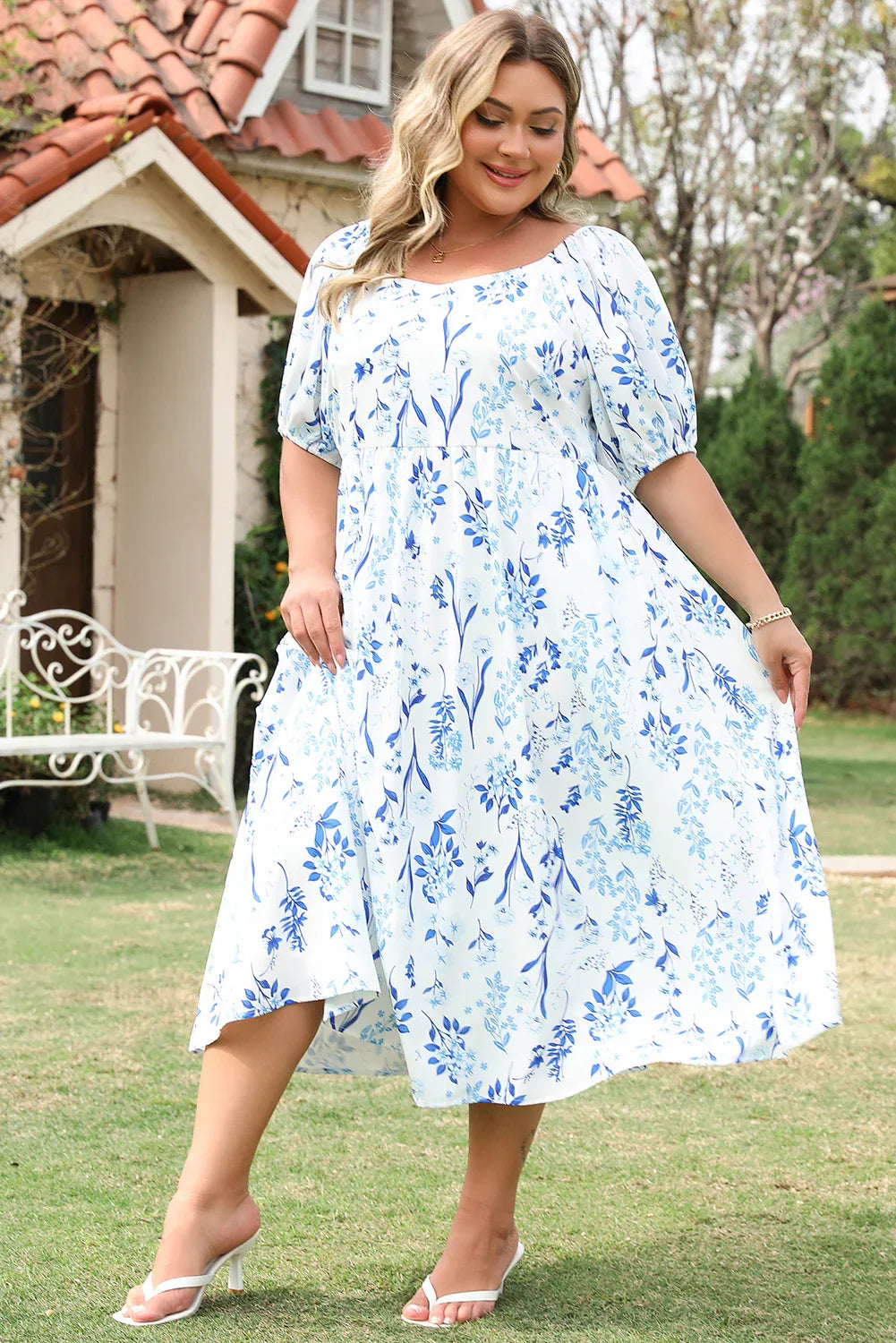 Sky Blue Floral Print Sweetheart Neck Plus Size Midi Dress - MarkoFit