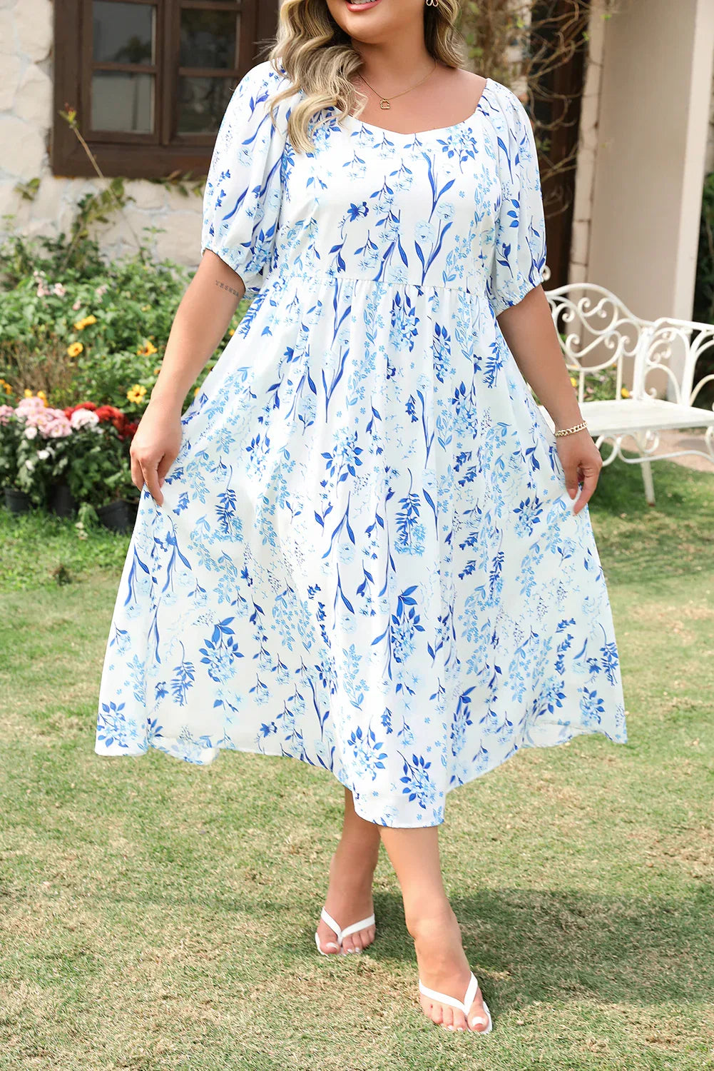 Sky Blue Floral Print Sweetheart Neck Plus Size Midi Dress - MarkoFit