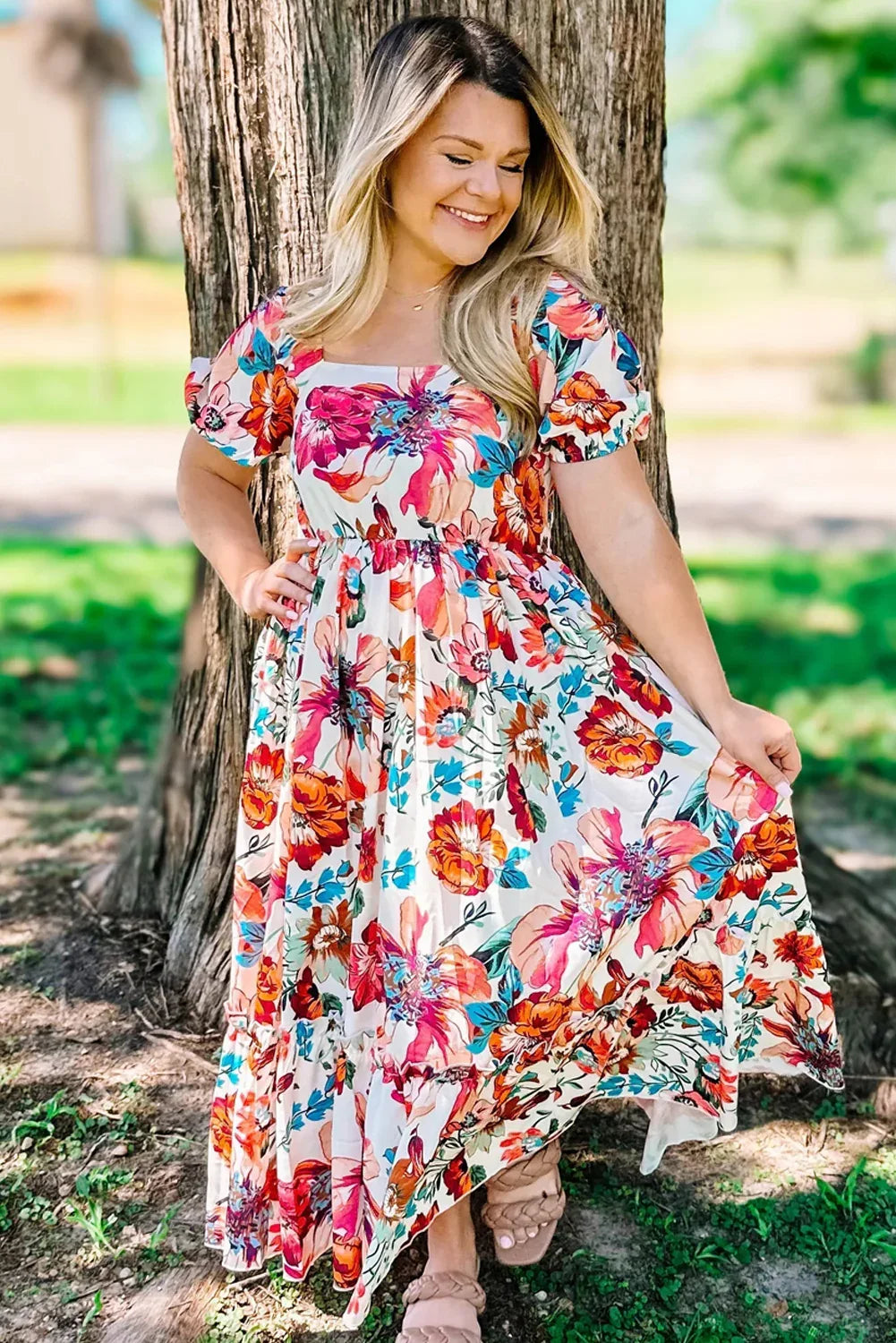White Floral Square Neck Puff Sleeve Flowy Plus Size Midi Dress - MarkoFit