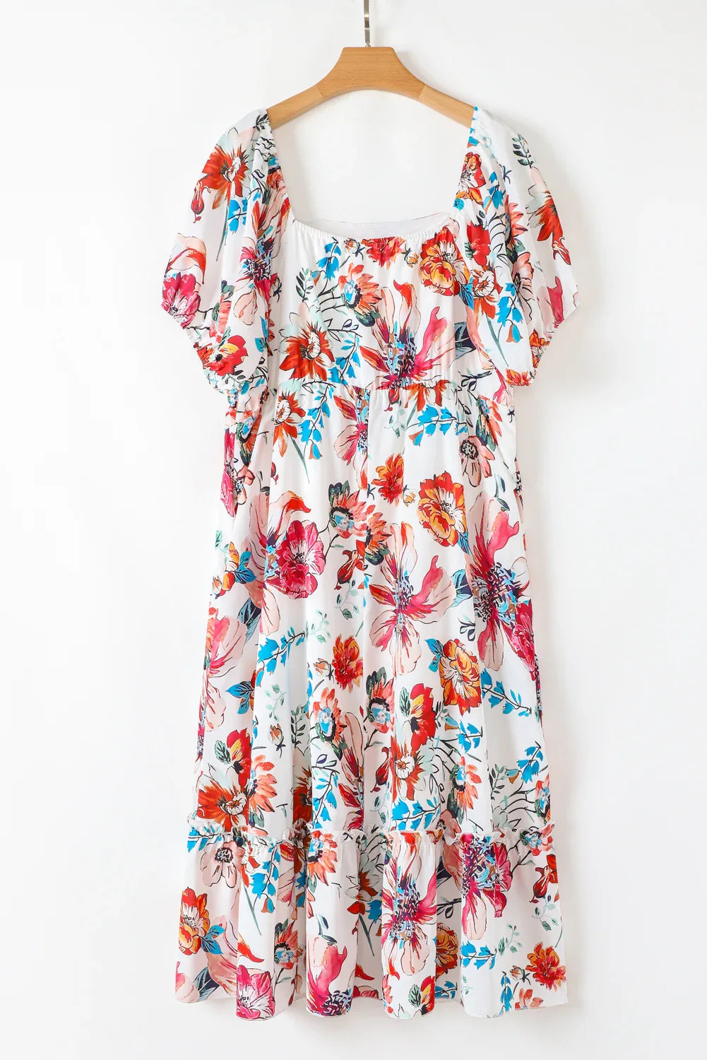 White Floral Square Neck Puff Sleeve Flowy Plus Size Midi Dress - MarkoFit